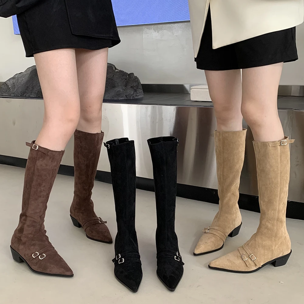 

Fashion Flock Women Knee High Heels Chelsea Booties Flat Mid Heels Black Beige Brown Slip On Stretch Shoes Belt Buckle Boots