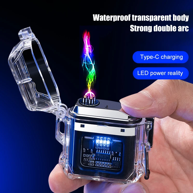 

New Outdoor Windproof Waterproof Double Arc Cigarette Lighter Transparent Body Lighter USB Pulse Lighter Camping Lighter For Men