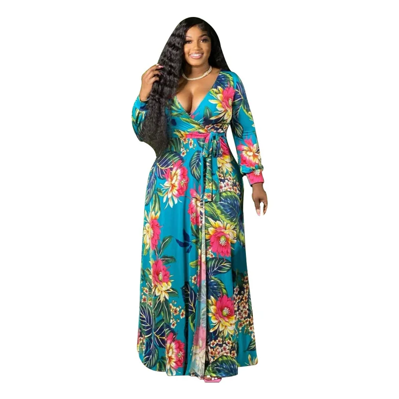 

Big Beautiful Women Summer Long Dress V Neck Bandage Robe Female Casual Vestidos Women Plus Size Floral Maxi Dresses