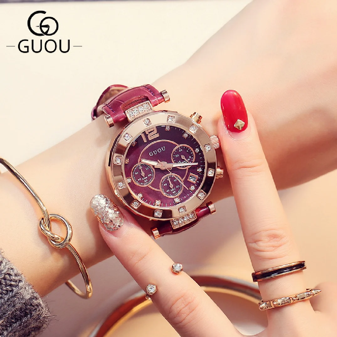 2018 GUOU Top Brand Fashion Luxury Women's Watches Ladies Watch Women Bracelet For Calendar Clock Leather relogio feminino saat