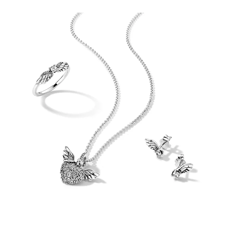 

PAN Bright Angel Wings 925 Silver Ring Necklace Earring Set Gift Girlfriend Gift Women's Jewelry Sweet Fashion Charm Trend