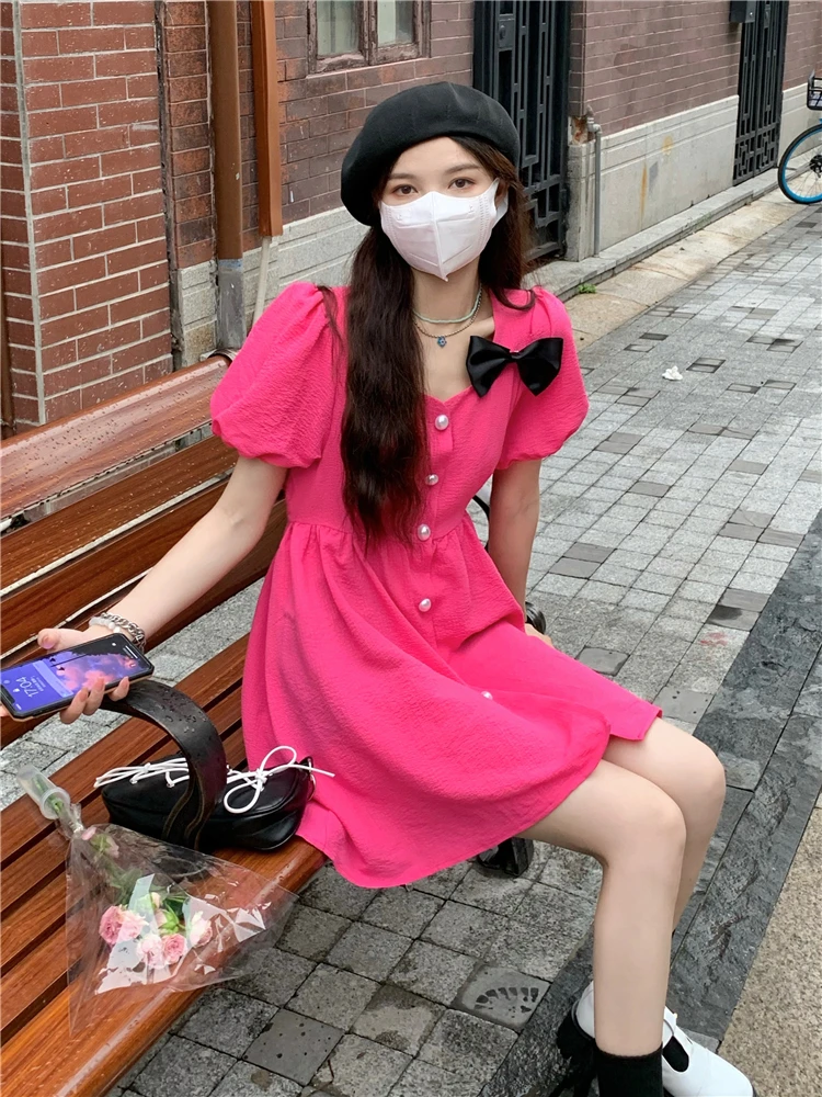 

French Bow Short Sleeve Dress Female 2022 New Summer Pink High Waist Dress Doll Cute Style Dress Red Dresses for Women