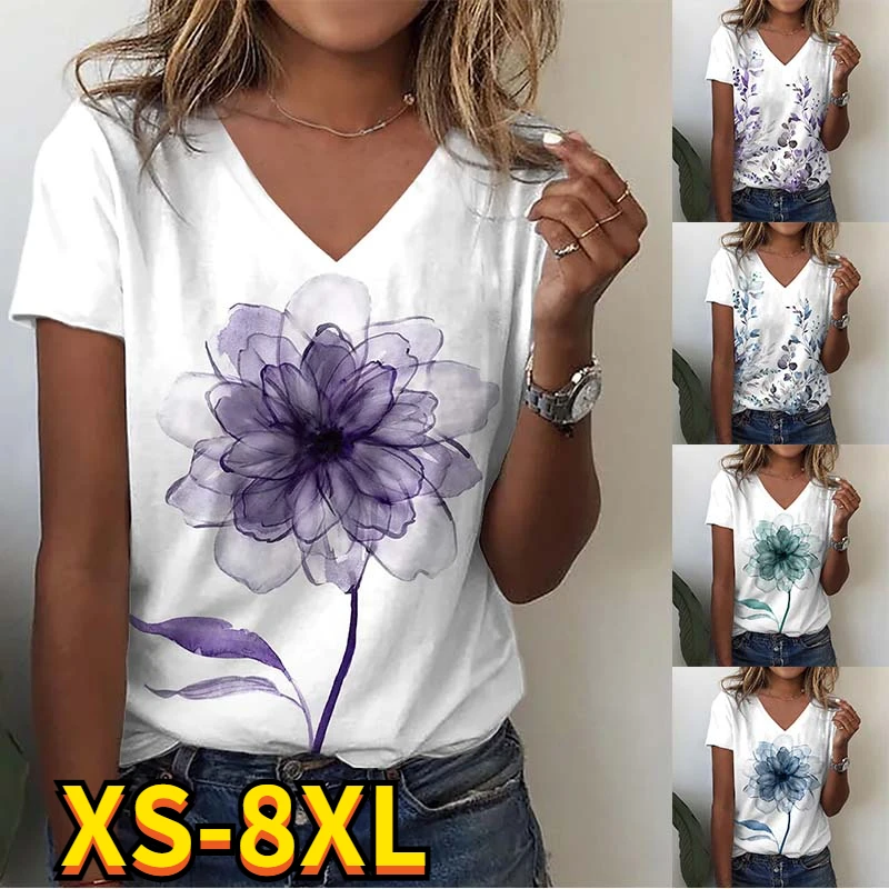 

2022 Summer Women's Floral Theme Printed Painting Tee Shirts V Neck Casual Female Daily Pullover New T Shirt Design Streetwear