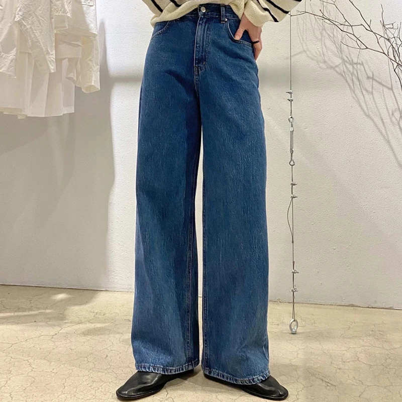 

Korean Fashion Vintage Blue Full Length Jean Woman High Waist One Button Pocket Loose Wide Leg Long Jeans Female Dropshipping