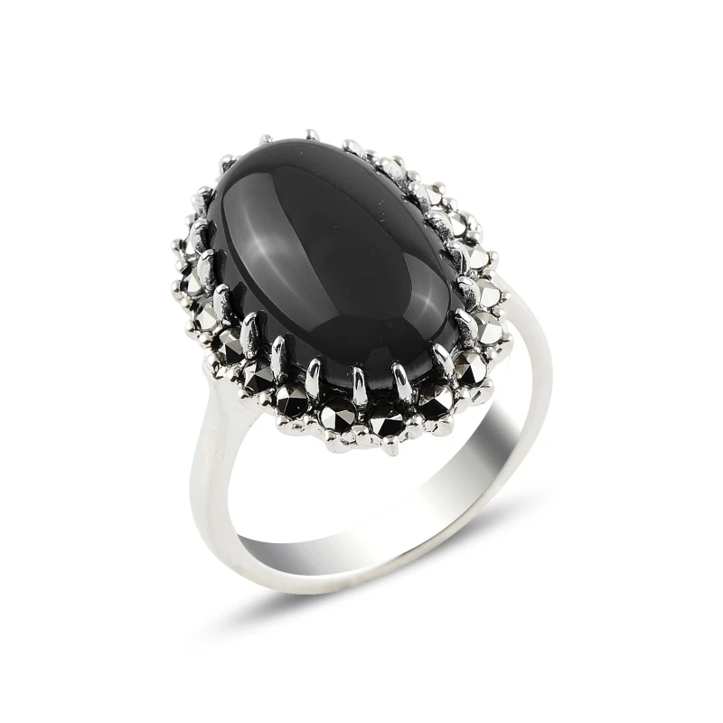 Silver 925 Sterling Onyx & Marcasite Ring