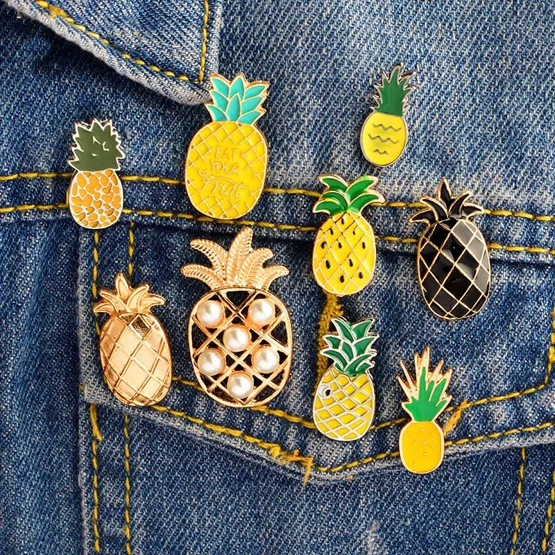 

10 PCS / LOT Cartoon Pineapple Enamel pin Custom Brooches Yellow black pineapple Eat fruit Denim shirt Lapel Pin Coat badge