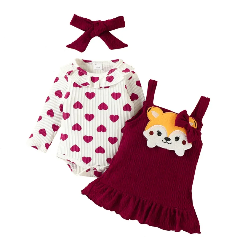 Baby Girls Jumpsuits Set Heart Print Long Sleeves Romper and Casual Cartoon Fox Suspender Dress Headband Outfit