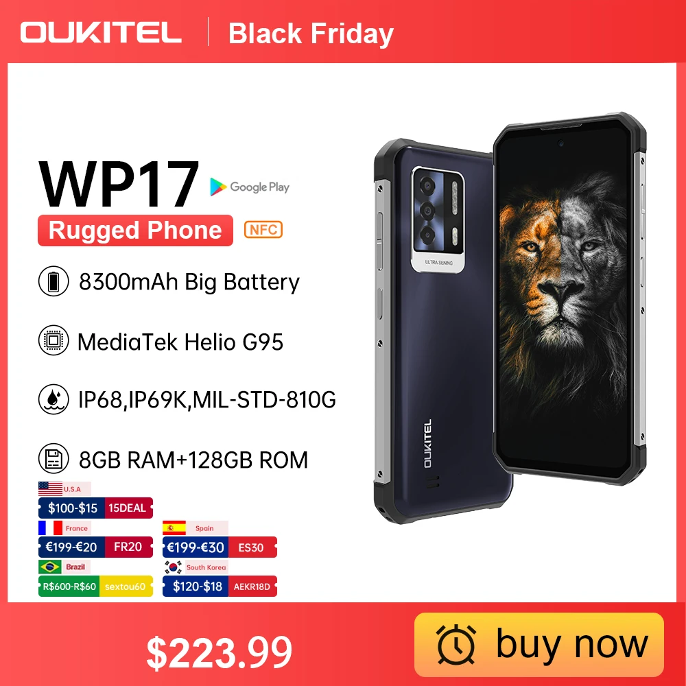 Oukitel WP17 Rugged Smartphone 8GB+128GB 6.78“FHD+ 8300MAH Android 11 Mobile Phone 64M+16M NFC Cell Phone