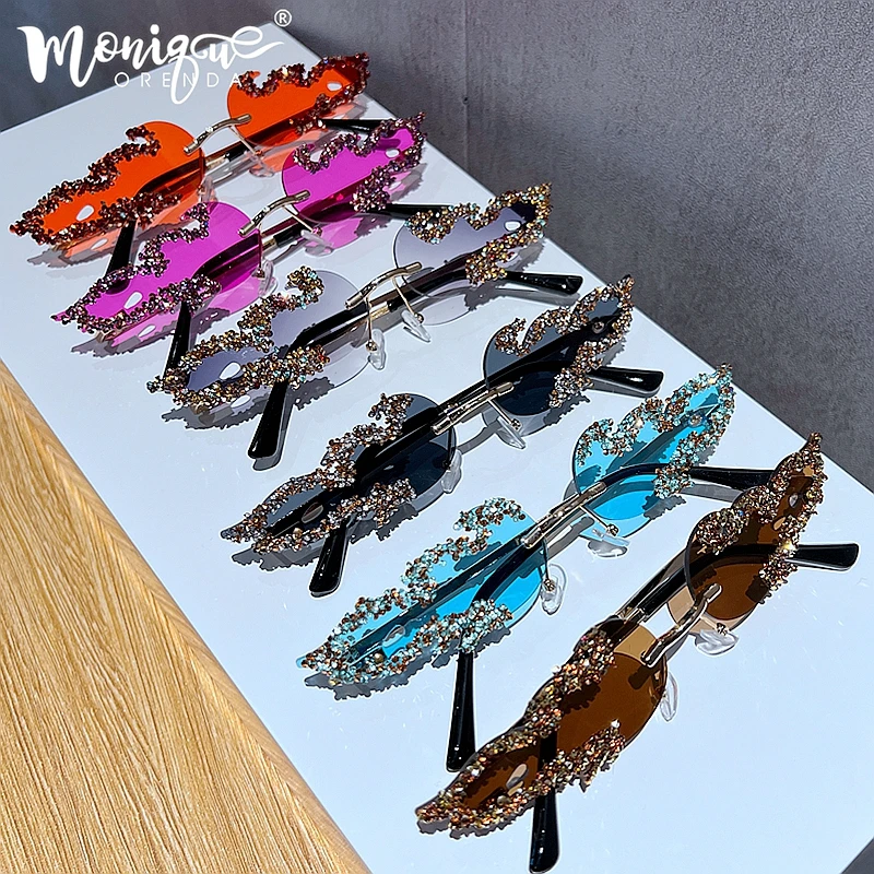 2023 Luxury Fashion Fire Flame Sunglasses Women Rimless Rhinestone Sun Glasses Metal Shades For Vintage Woman Eyewear UV400