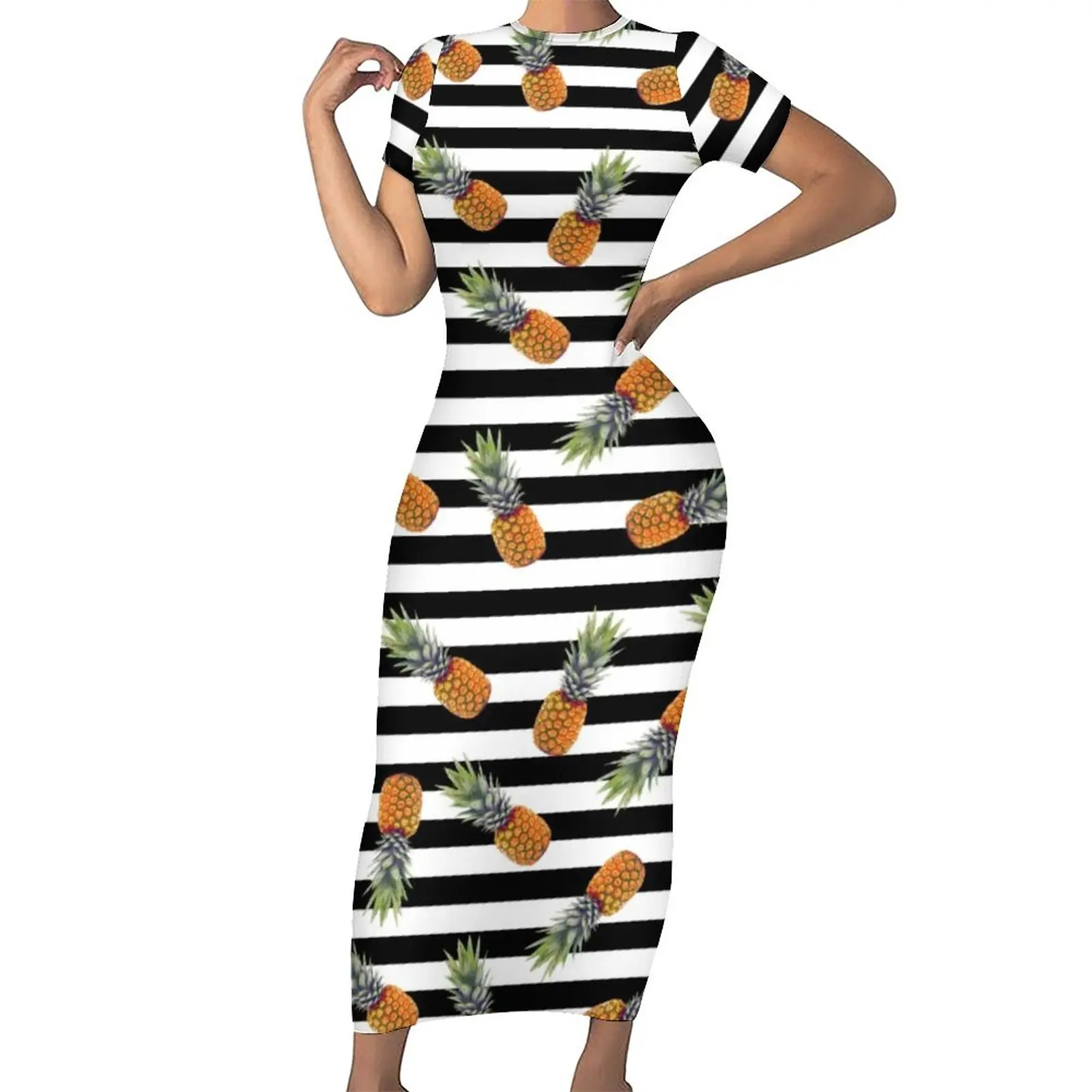 

Tropical Pineapple Bodycon Dress Women Black Striped Print Cute Maxi Dresses Spring Short Sleeve Street Fashion Design Dress