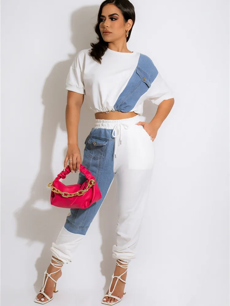 

hirigin Workout Jean Patchwork Women Two 2 Piece Set Outfits Sweatsuit 2022 Summer Tee and Jogger Pants Matching Set Tracksuit