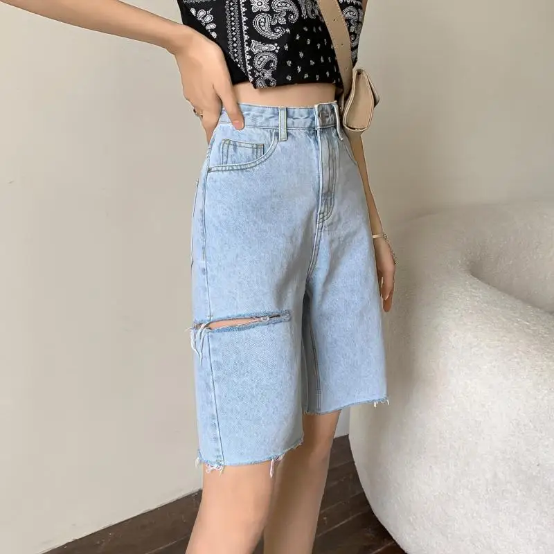 Shorts Women Summer All-match Vintage Hole Simple Solid Soft Pockets Streetwear Ulzzang New Chic Denim Leisure Female Clothing