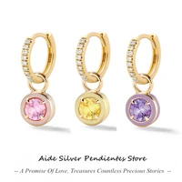 aide 925 sterling silver enamel with cubic zirconia pink purple round pendant hoop earrings for women girl birthday jewelry 1pcs