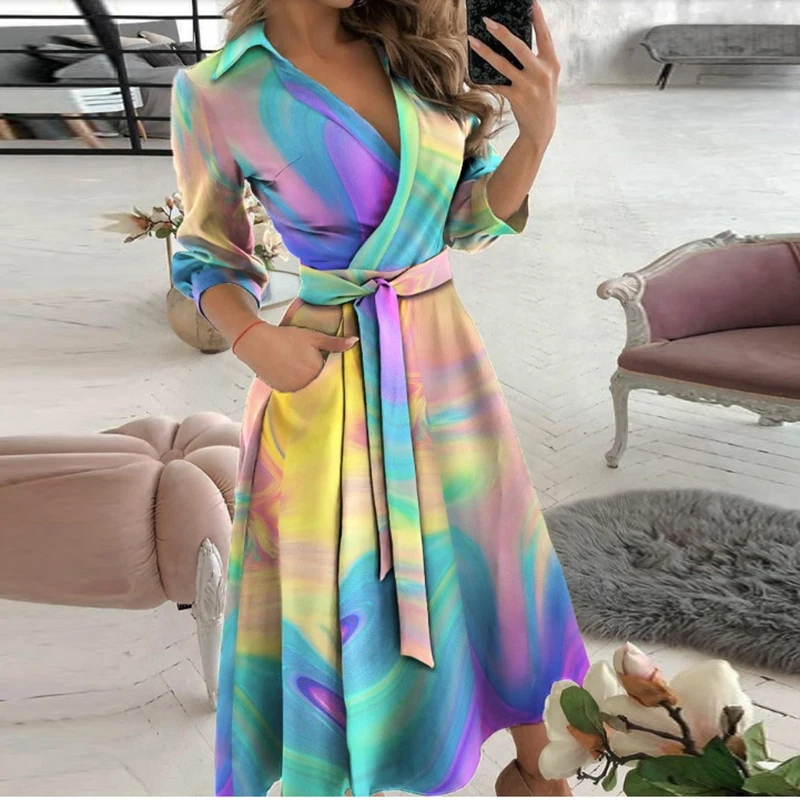 

Elegant Butterfly Print Office Lady Dress Autumn Lace Up Belted V Neck Dress Women Spring Long Sleeve Women Party Dress 2021|Dre