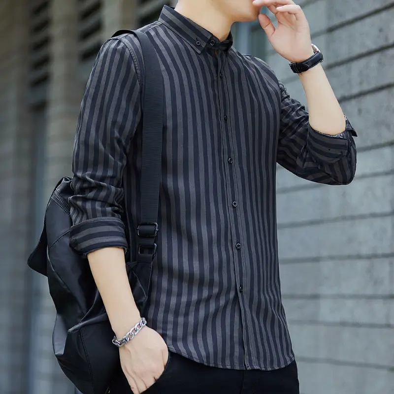 Vintage Fashion Man Turn-down Collar Slim Long Sleeved Single Breasted Top Casual Shirts Striped Four Seasons Men's Clothing