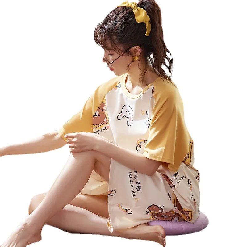 Summer New Pajamas for Women's White Bear Sweet and Cute Soft Short-sleeved Nightgowns Plus Size Sleepwear Breathable Loungewear