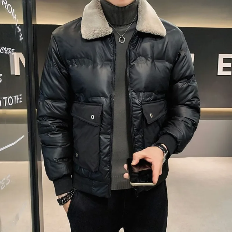 Winter Glossy Men Down Jacket Tooling Style Lapel Thicken Warm Casual Coat Black Grey Korean Fashion Loose Men Short Outerwear