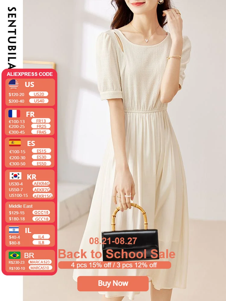 

Sentubila Hollow Out Splicing Round Neck Elegant Bodycone Dress for Women Summer Simple Solid Fashion Romantic Women Midi Dress