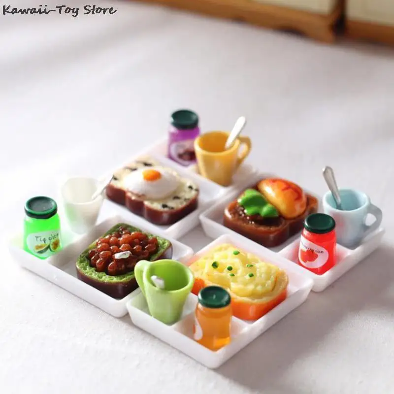 

5pcs/set Dollhouse MIniature Toast Bread Jam Dinner Plate Cup Spoon For Doll House Play Kitchen Accessoreis