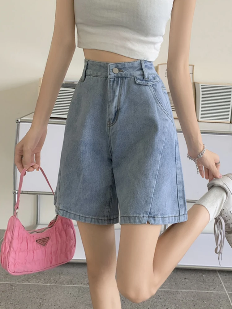 Casual Female Straight Loose Blue Denim Shorts Summer Women High Waist Wide Leg Button Retro Jeans Shorts Bottoms