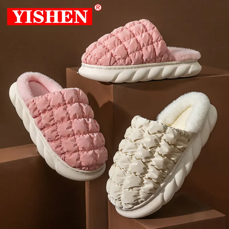 YISHEN Slippers Women Winter Slides Home Indoor Cotton Shoes Pineapple Slippers Non-slip Warm Plush Couple Shoes Zapatillas