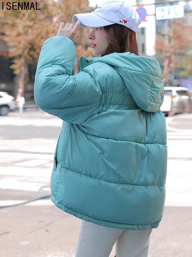 Hooded Women WInter Padded Parka Solid Blue Pink White Female Warm Korean Style Oversized Loose Coat Short Jacket Puffer