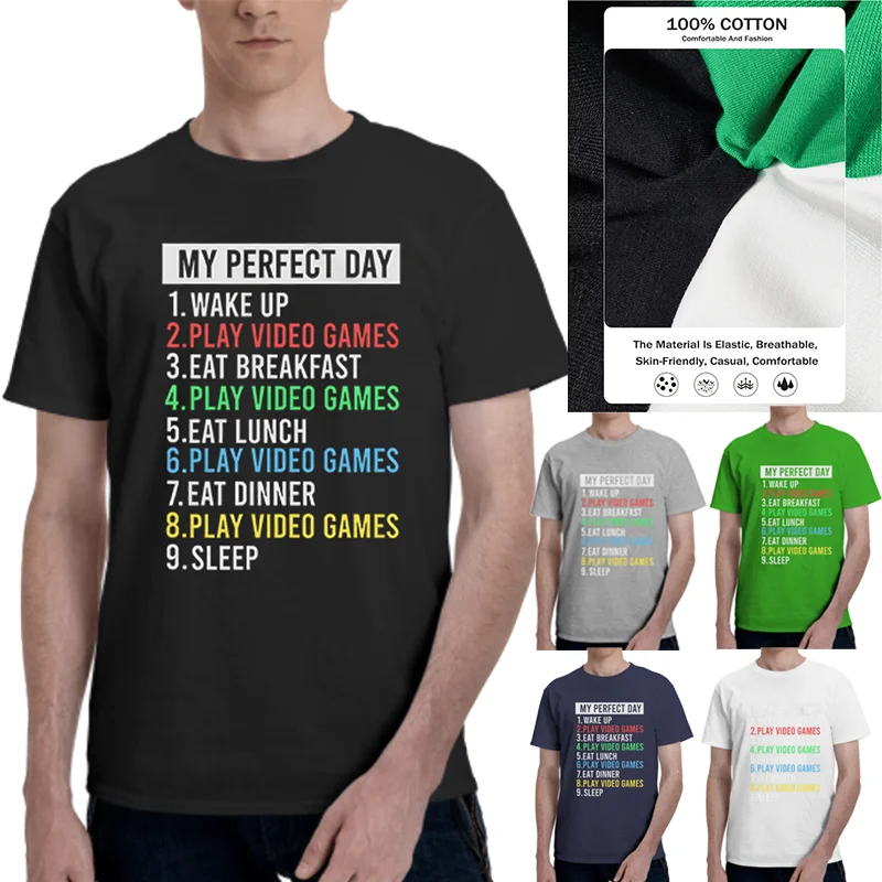 

Забавная модная Мужская хлопковая футболка My Perfect Day играя в видеоигры, летняя черная футболка с принтом, Повседневная Дизайнерская футболк...