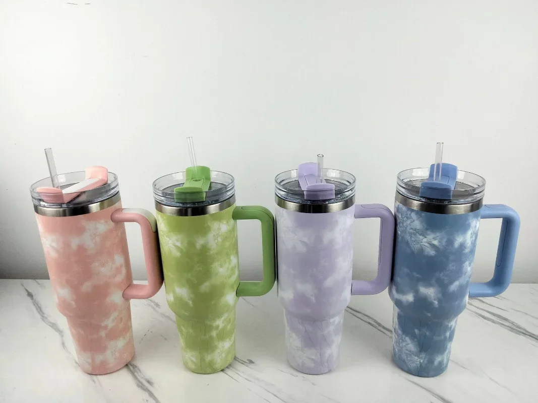 

Stainless Steel Tie Dye Thermal Water Bottle Coffee Straw Cup 40 Oz Tumbler with Handle Drinkware Travel Car Mug Thermos Bottle