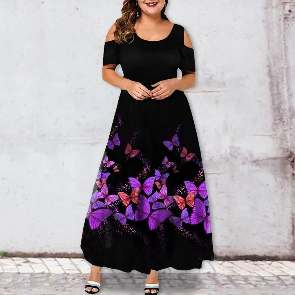 

Women Dress Round Neck Formal Graceful Purple Butterflies Large Hem Dress Evening Party Dress for Banquet