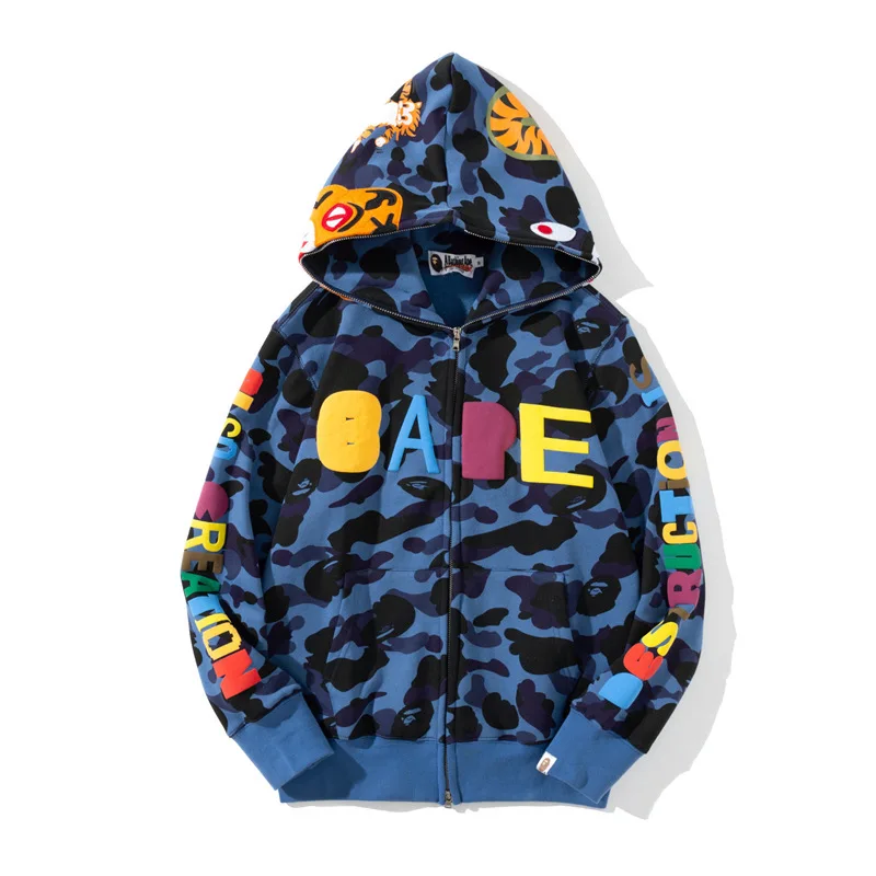 

colorful hoodie winter fashion printing hoodie casual cardigan hooded Bapes shark coat street fashion men's coat 2022