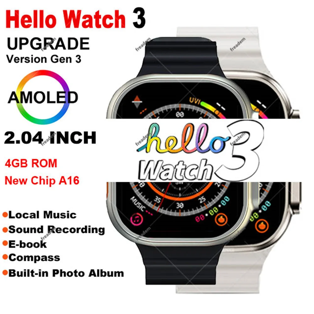 

Смарт-часы Hello Watch 3 Amoled экран 4 Гб ПЗУ местная музыка Bluetooth Вызов 173 спортивные режимы электронная книга Смарт-часы для мужчин женщин 2023