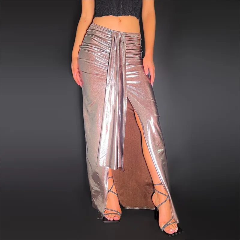 

Women Long Summer Dress Promotion 2023 Trendy New Pleated Split Pu Leather Bright Skirt Solid Polyester Saida De Praia Beach