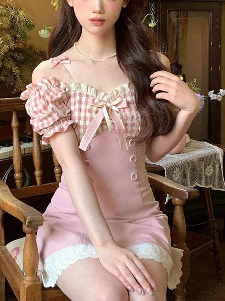 

2023 Summer Lace Plaid Sweet Short Party Dress Women Bodycon One Piece Dress Korean Fashion Bow Short Sleeve French Mini Dress