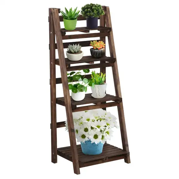 

x 14" x 42.5" 4 Tier Brown Wood and Metal Plant Stand