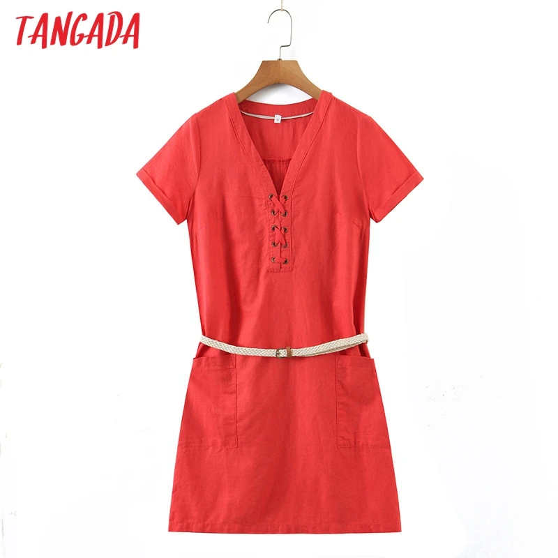 

Tangada 2022 Summer Women Solid Cotton Linen Dress with Belt Short Sleeve Ladies Sundress 8H58