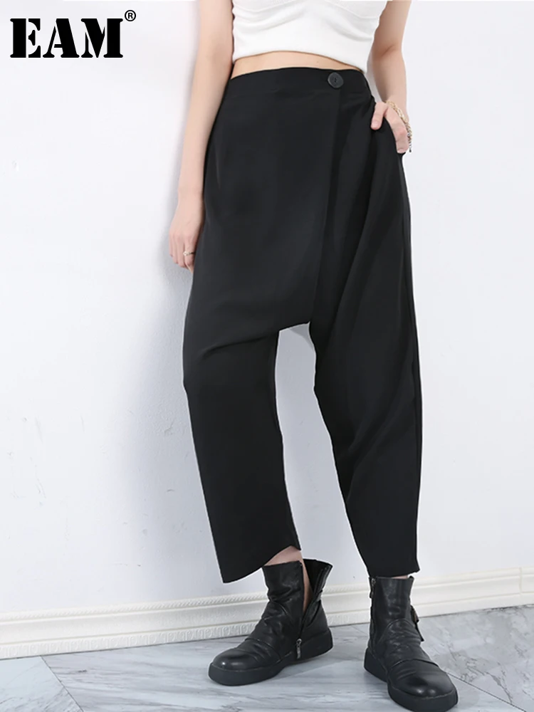 

[EAM] Черные Длинные шаровары на одной пуговице с высокой эластичной резинкой на талии, новые свободные штаны, женские модные демисезонные 2023,...