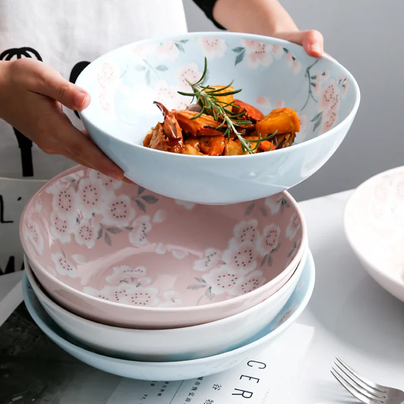 

Japanese Girl Pink Cherry Blossom Ceramic Tableware Household Salad Pasta Large Soup Bowl 9 Inch Instant Noodles Bowl