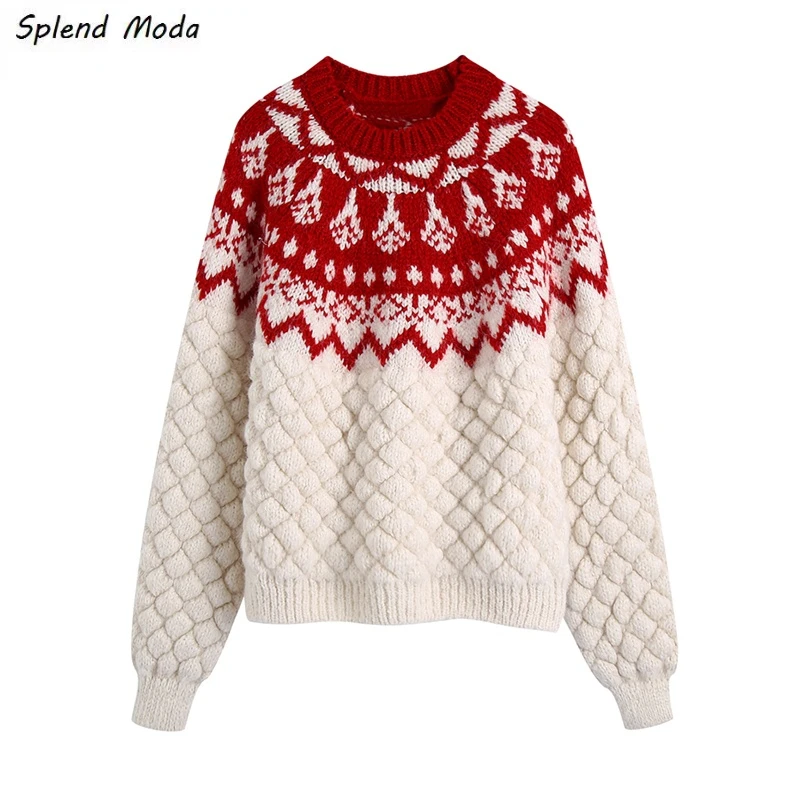 

Splend Moda Autumn Winter New Fashion Vintage Casual O-Neck Geometric Jacquard Long Sleeve Loose Knitted Sweater Pullover Women