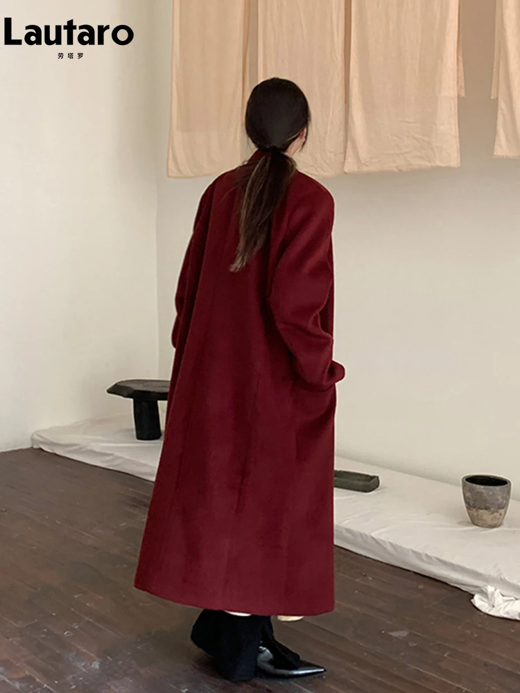 Lautaro осень-зима длинный утолщенный теплый винно-красный шерстяной плащ для