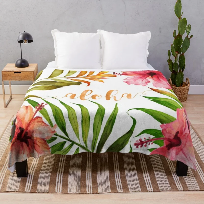 

Aloha Tropical Hawaiian Floral Watercolor Throw Blanket Flannels Blanket Fluffy Shaggy Blanket