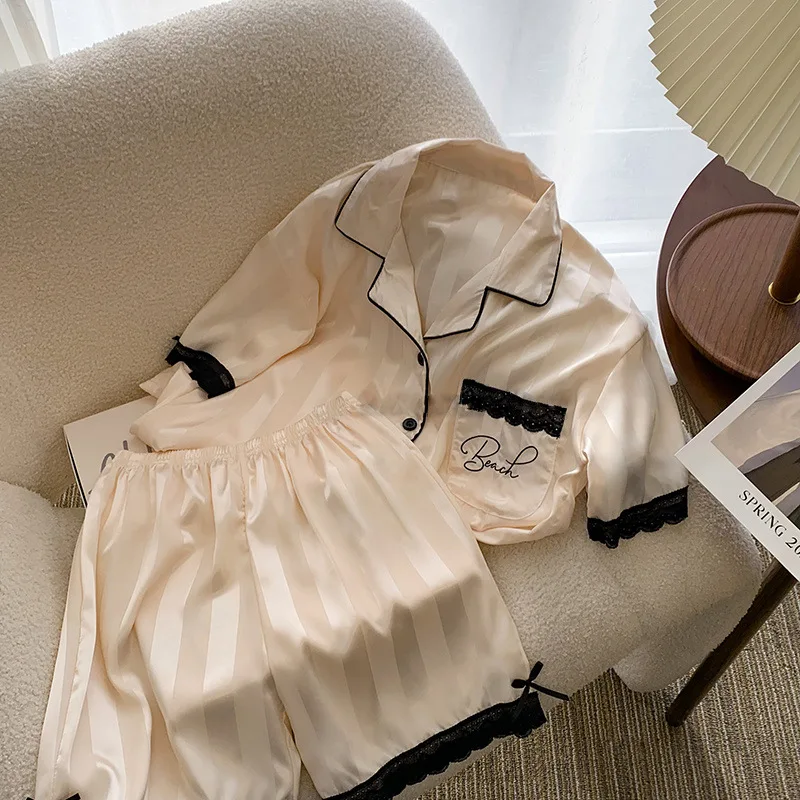 New Women's Pajamas Summer Ice Silk Pajamas Women's High-Grade Simple Striped Letters Popular Models Can Be Outerwear Homewear