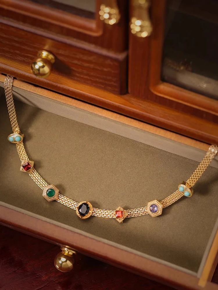 Женское винтажное ожерелье из меди золотистого цвета в стиле ретро с цветными