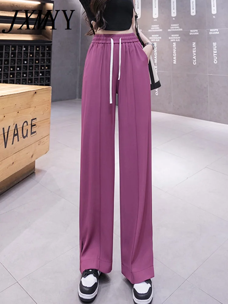

JXMYY 2022 Summer New Comfortable Elastic Waist Suit Wide Leg Pants Loose Fashion Casual Simple Drape Straight Slit Trousers