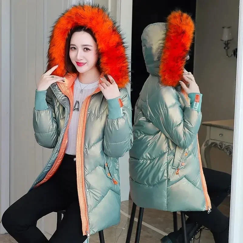 New Winter Jacket Women Parkas Long Glossy Down Cotton Padded Parka Fur Collar Hooded Female Jacket Thicken Warm Outwear