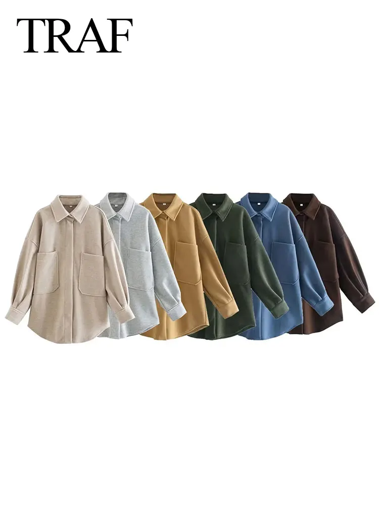 

TRAF Autumn Women's Casual Shirt Coats Solid Vintage Long Sleeve Lapel Button Jacket Pocket Loose Fashion Female Chic Tops