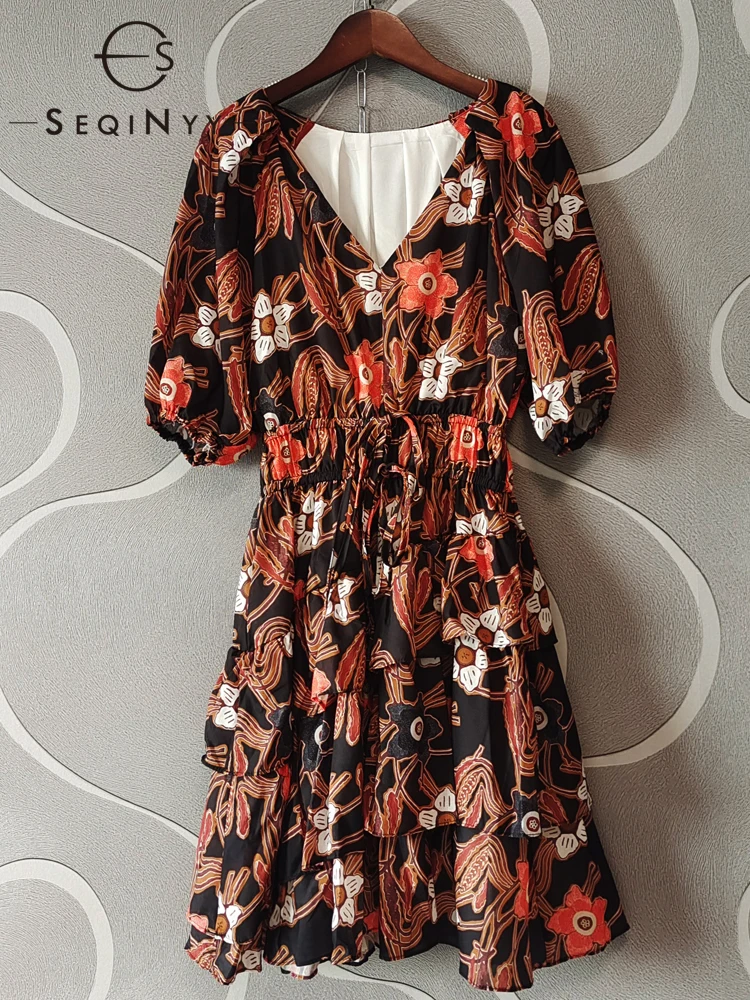 

SEQINYY Casual Mini Dress Summer Spring New Fashion Design Women Runway High Street Puff Sleeve Vintage Flowers Print Bohemian