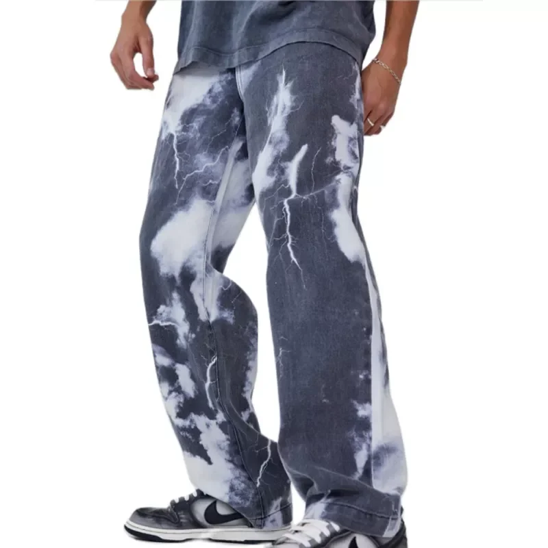 New2022 Casual Loose Straight Denim Pants Tie Dye Lightning Print Grey Long Trouser Straight Jeans