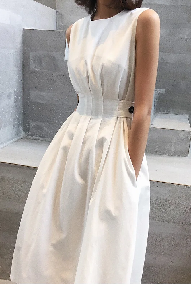 

2022 Summer Women's Pure White Black Fashion Elegant Casual Party Dress Round Neck Sleeveless Vest Sundress Women
