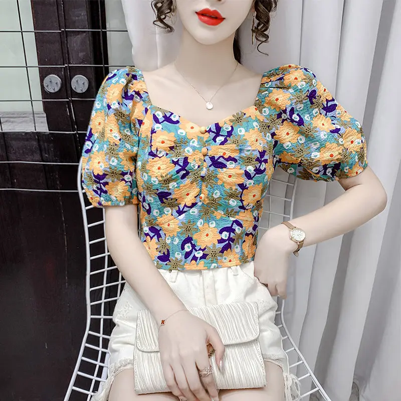 

Women 2022 Summer Sexy Floral Blouse Tops Female Vintage Sweet Slim Puff Sleeve Blouse Lady Casual Square Collar Blouses B06