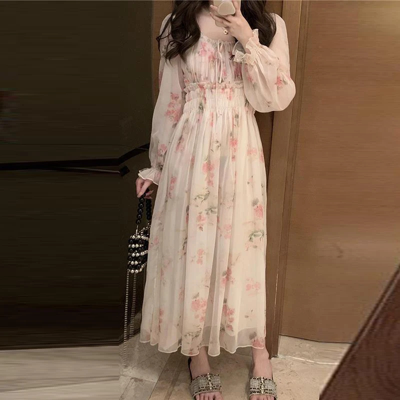 Купи Chiffon Dress Fashion Trend 2022 Spring and Summer Women's Floral Dress Lantern Sleeve A-line Dress Long Dress за 637 рублей в магазине AliExpress